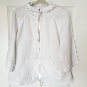 Women's White 100% Linen Hoodie Medium Funnel Neck Zip Up Drawstring  Athletic